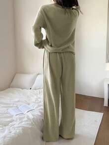 DAZY 2件套女士休闲条纹抓绒开衫和直筒裤睡衣套装，春季 - 綠色 - 查看 2