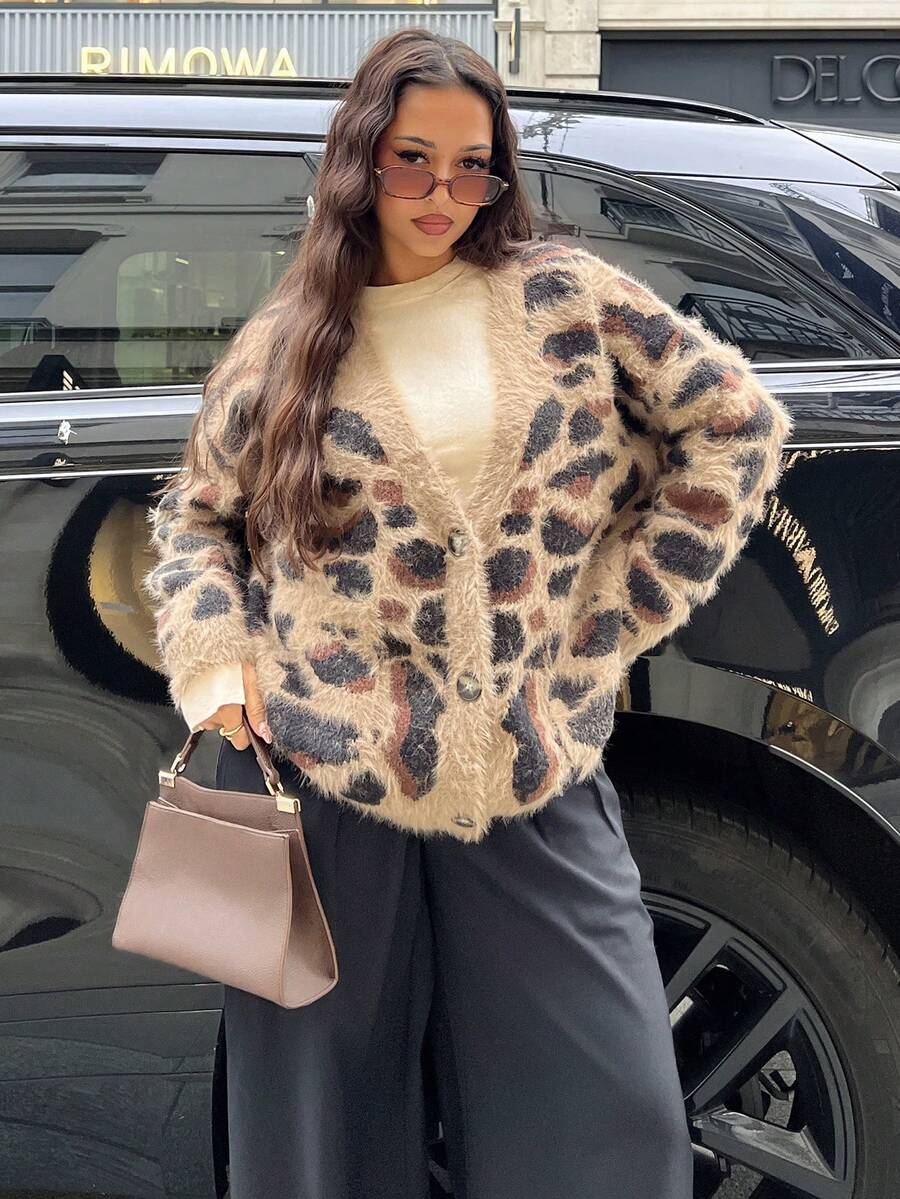 NegzBox 女士休闲日常豹纹提花V领开衫，秋冬，长袖上衣，秋季女装 - 咖啡棕 - 查看 1