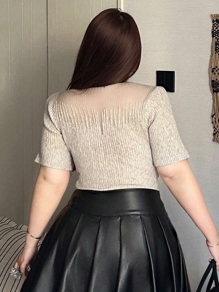 Plus Size Women Mesh Patchwork Elastic Fitted Short Sleeve Knit Top, Spring/Summer