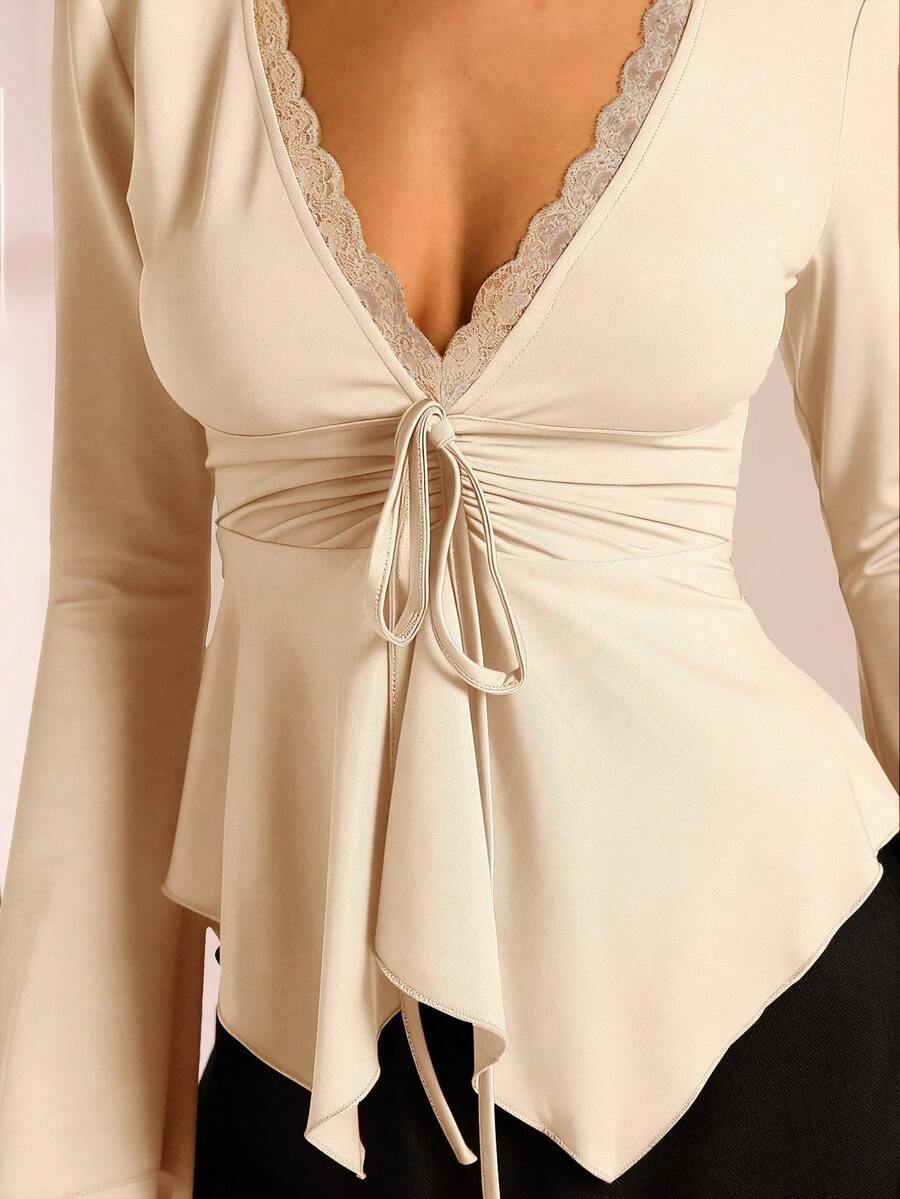 SHEIN Glamour Semplice e alla moda maglietta marrone con scollo a V profondo, maniche a campana arricciate con laccio in vita e vita aderente. - Albicocca - Visualizzare 1