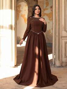 Aureia Plus Size Elegant & Dark Brown Spring Round Neck Crystal & Pearl Embellished A-Line Dress,Formal Party Wedding Evening Gown,Formal Occasion - Brown - View 8