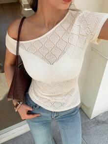 Elyressa Textured Fabric Asymmetric Collar Short Sleeve Asymmetrical Hem French Style Women T-Shirt - Apricot - View 2