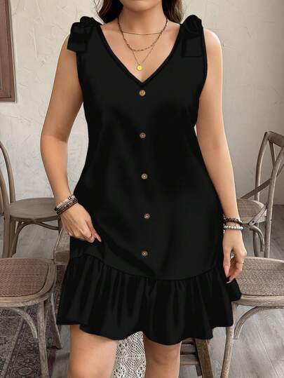 SHEIN LUNE Plus Size Women's Elegant Black V-Neck Sleeveless Casual Dress, Suitable For Party, Date, Summer Vacation