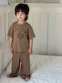 DAZY 男童圆领条纹字母和海星印花短袖上衣和阔腿裤休闲家居服睡衣套装