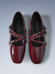 CUCCOO GRLICON 女士搭扣铆钉装饰平底乐福鞋 - 酒紅色 - 查看 5