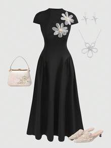 SHEIN 少女休闲简约舒适收腰纯色连衣裙 - 黑色 - 查看 2