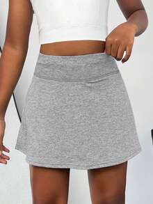 SHEIN Váy ngắn thể thao dệt kim nhiều màu sắc có túi dành cho bé gái tuổi teen, thích hợp mặc mùa hè. - Màu Xám nhạt - Xem 4
