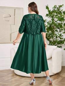 Reflora Vestido elegante de encaje de unicolor con cuello redondo y manga corta para tallas grandes - Verde - View 9