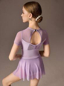 SHEIN TWEEN Girls Ballet Leotard, Lavender Mesh Splice Short Sleeve Bodysuit, Fitted Waist Comfortable Stretch Soft Fabric, Suitable For Dance, Yoga, Ballet Activewear - Baby Pink - View 2