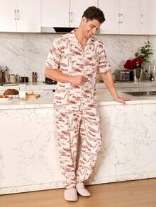 SHEIN Conjunto de pijama para hombre con estampado de burbujas en el cuello de solapa - Multicolor - Ver 2