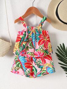 SHEIN Playful Pals 2件套婴儿/男女通用0-3岁休闲热带印花吊带背心和短裤套装，女婴夏季服装，女婴套装，婴儿休闲套装，适合户外、休闲、度假，3T女婴热带度假服装夏季两件套，女婴夏威夷服装，热带婴儿套装，女童夏季套装，度假服装，热带女童夏季假日服装 - 彩色 - 查看 4