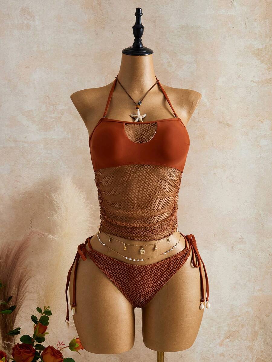 Mistrie Set Baju Renang Tankini Wanita Musim Panas untuk Liburan di Pantai, Warna Polos, Model Halter dengan Tali Jala, dan Modis. - Coklat - View 1