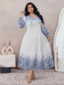 Modelyn Plus Size Women Floral Print Long Sleeve A-Line Waist Elegant Romantic Dress - Multicolor - View 5