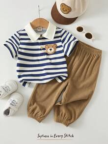 Cozy Pixies 2件套男婴卡通熊条纹polo领短袖半拉链套头卫衣和松紧腰裤套装