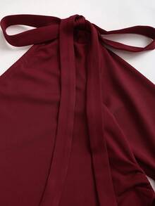 Sweetra New Elegant Commuter Oblique Shoulder Pleated Tie Waist Slimming Versatile Double-Layer Hem Women's Wine Red Long Sleeve Dress, Spring/Summer, Suitable For Dates, Parties, And Daily Outings - Red - View 6
