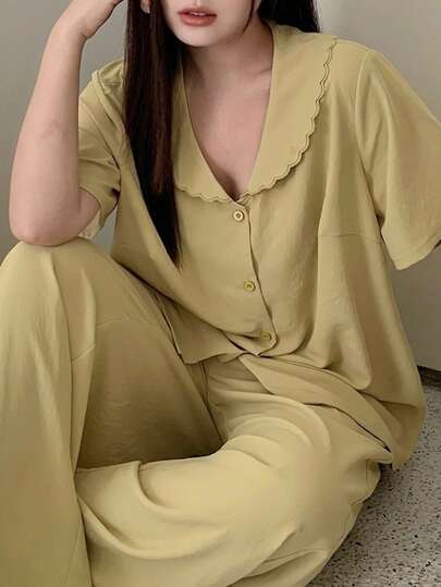 Dazy Plus Plus Size Women Solid Color Short Sleeve Single-Breasted Top And Pants Pajama Set