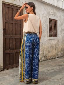 EMERY ROSE Women's Beige Summer Boho Vacation Holiday Cotton 2 Pieces Set,Contrast Trim Camisole And Floral Print Wide Leg Palazzo Pants,Casual Beach Outfits - Multicolor - View 2