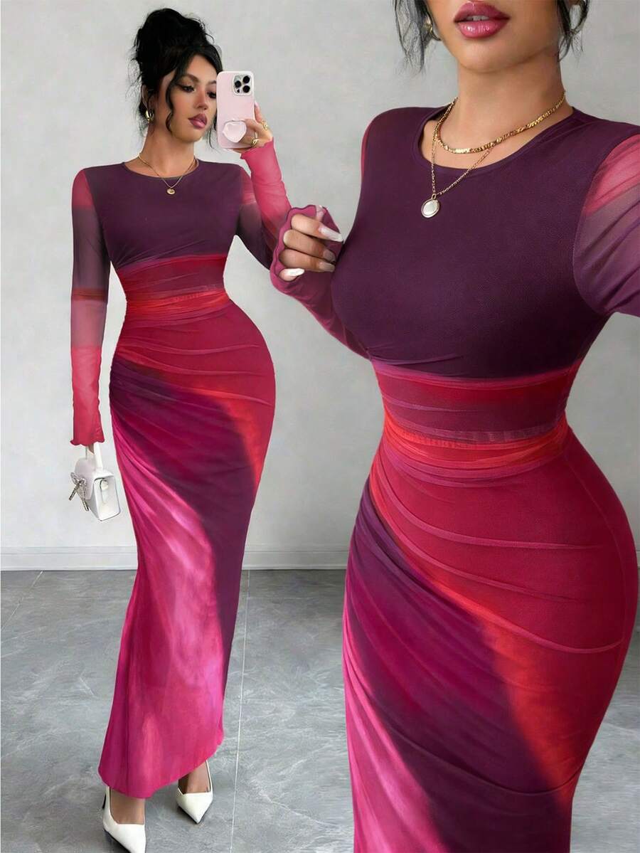 Rafferiza Women's Tie-Dye Pleated Dress Maxi Women Outfit - Burgundy - View 1