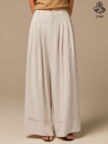 COSMINA Women's Pleated Pocket Design Linen Pants, Suitable For Summer Vacation, Beach, Apricot Color, Wide Leg Casual Wear Women's Summer Pants Bohemian Pleated Wide Leg Pants Wide Leg Pants Women High Waist Palazzo Pants Palazzo Pants Women - Apricot - View 3