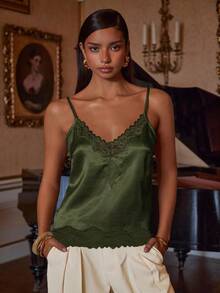 Athîral Women's Satin Lace Patchwork Fashionable Versatile Date Night Camisole Top - Dark Green - View 3