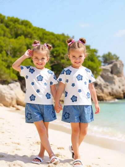 Set de 2 piezas de camiseta de manga corta con cuello redondo y estampado floral + pantalones cortos con estampado de flores azules para niñas de 4 a 7 años, de tela ligera y cómoda, adecuado para uso diario en primavera/verano