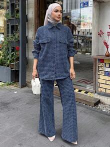 DAZY Spring/Summer Romantic Design Loose Casual Commute Elegant Blue Shirt And Straight Leg Jeans Women 2-Piece Suit - Blue - View 1