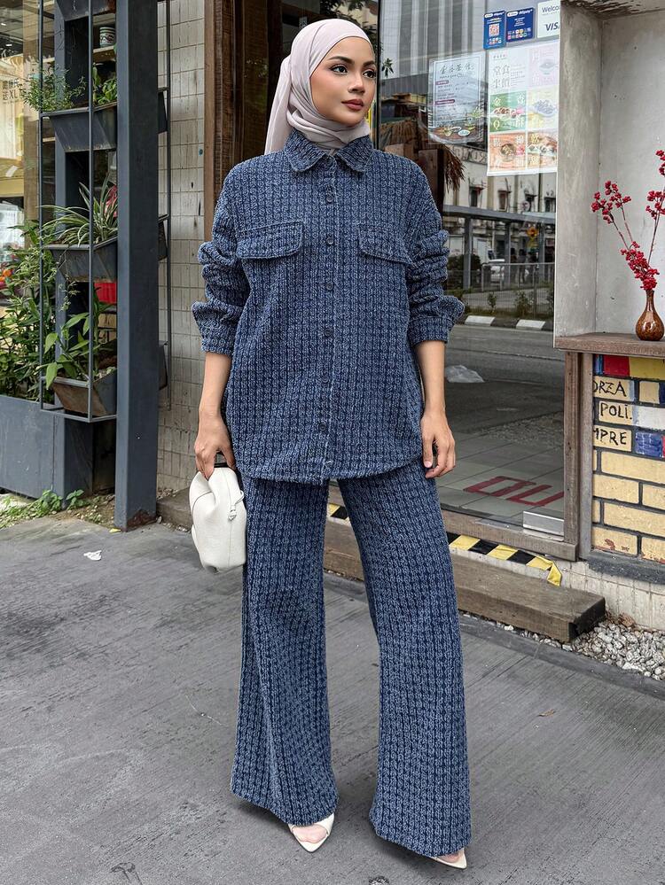 Spring/Summer Romantic Design Loose Casual Commute Elegant Blue Shirt And Straight Leg Jeans Women 2-Piece Suit