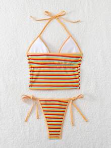 Swim Mod Women's Pride Month Multicolor Striped Bikini Set,Orange Summer Beach Vacation Casual Two Pieces Swimwear Fabric Bathing Suit For Party Tanning - Multicolor - View 2