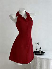 Elamini White Sleeveless Embroidered Fitted A-Line Dress, Spring/Summer - Burgundy - View 4