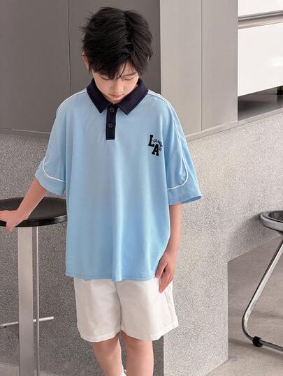 1件儿童/青少年男童休闲校园风撞色POLO领短袖衬衫，适合通勤、上学、日常休闲穿着、运动、春夏穿着
