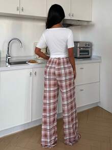 SHEIN Cartoon Bear Ruffle Trim Short Sleeve Top & Plaid Pants Women Pajama Set - Brown - View 2