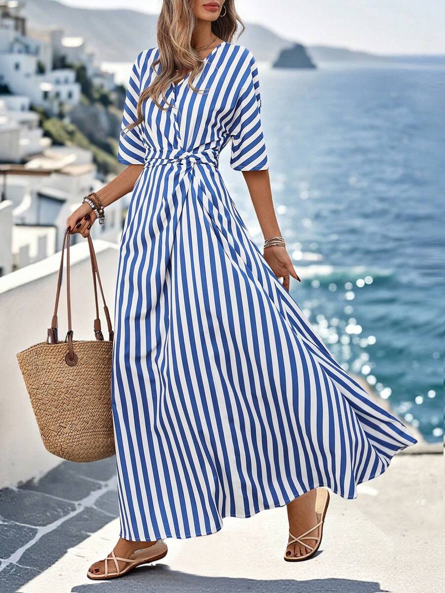 SHEIN Clasi Women's Short Sleeve Twist Casual Vacation Minimalist Daily Beach Blue & White Romantic Dress, Elegant & Fashionable New Style - Blue - View 1
