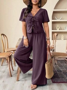 Breezaya Conjunto de 2 peças com top de manga curta com amarração e calça longa em cor sólida, tamanho plus size - Violeta - Visão 3