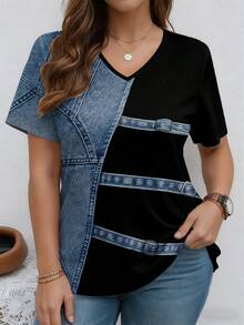 EMERY ROSE 拼接图案斜纹圆领短袖休闲加大码T恤，春季 - 彩色 - 查看 1