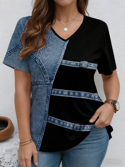 EMERY ROSE 拼接图案斜纹圆领短袖休闲加大码T恤，春季