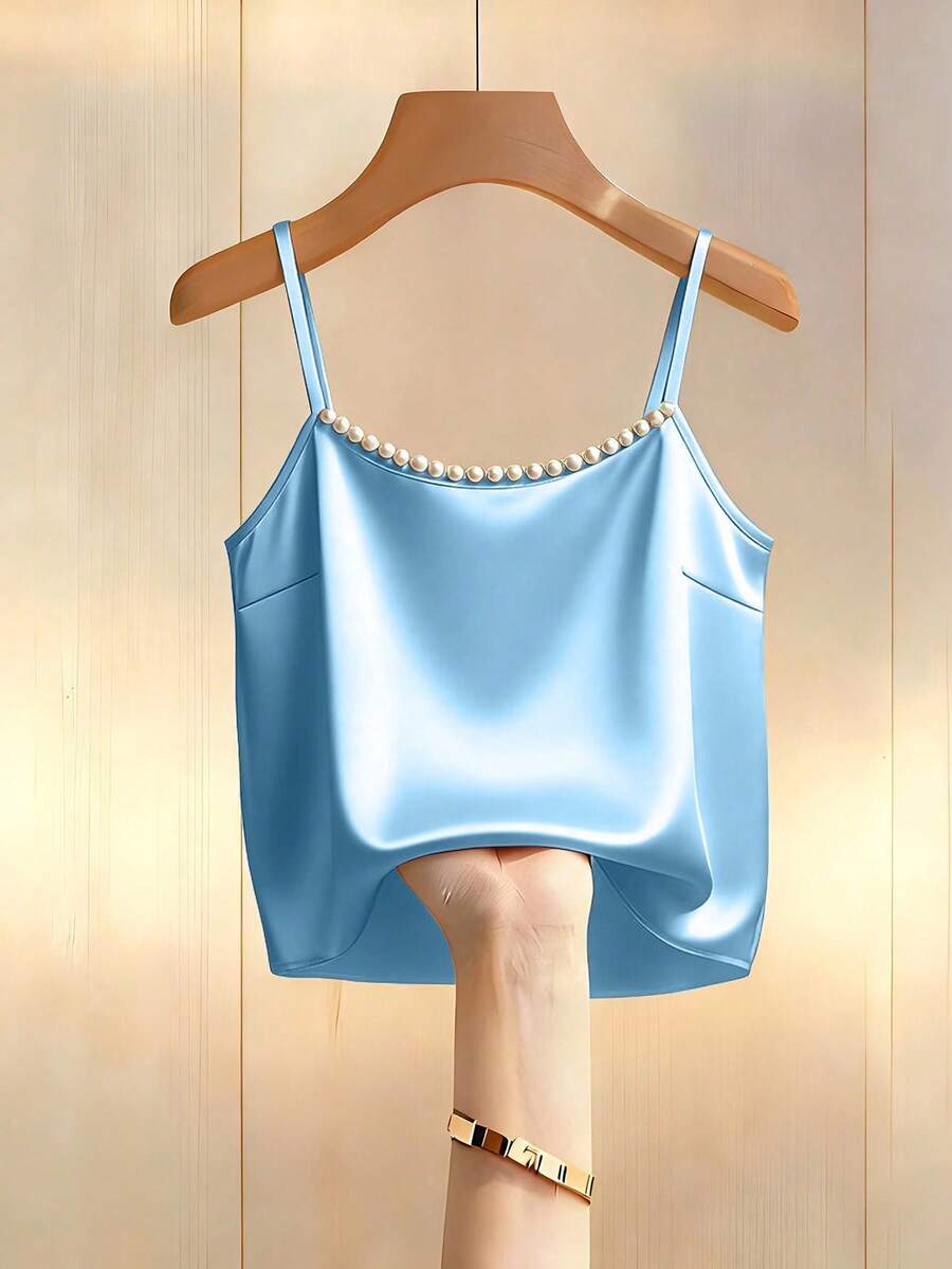 SHEIN Franclia Áo hai dây satin đính hạt thời trang mới, thích hợp mặc vào mùa xuân/hè, có thể mặc lớp hoặc mặc riêng. - Màu xanh nhạt - Xem 1