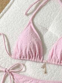 Elavelle Women Solid Color Jacquard Metal Decor Spaghetti Strap Bikini Set For Summer - Pink - View 4