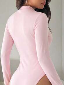 SHEIN EZwear 女士浅粉色立领长袖休闲紧身上衣，春夏款 - 淺粉色 - 查看 4