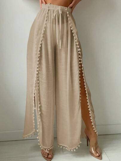 Swim Lushoire Monos de cobertura de pierna ancha de unicolor para la playa de verano para mujeres con decoración de pompones