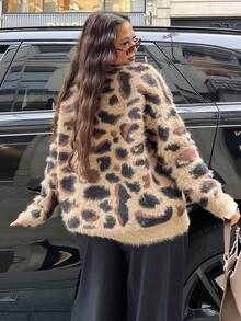 NegzBox 女士休闲日常豹纹提花V领开衫，秋冬，长袖上衣，秋季女装 - 咖啡棕 - 查看 2