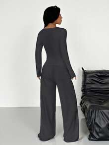 SHEIN EZwear 女士针织长袖上衣和裤子休闲套装（2件套） - 深灰色 - 查看 6