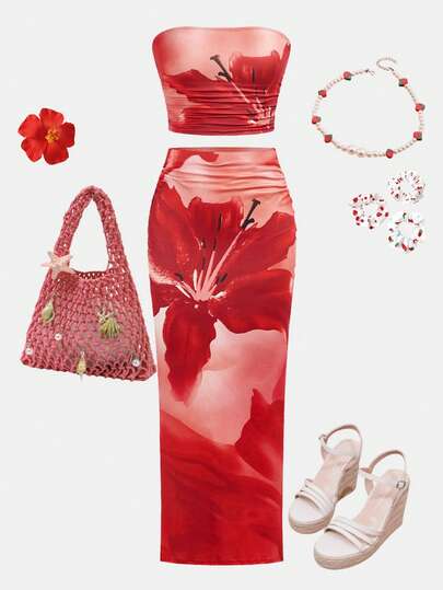 Girlism Kids Teen Girl Red Tropical Print Vacation Style Fitted Tube Top & Maxi Skirt 2 Pieces Set Hawaiian Outfit Cherry Outfit Tropical Outfit Red Outfit Set Outfit For Women