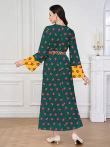 SHEIN Najma 女士花卉藤蔓印花撞色V领长袖优雅阿拉伯风格长款连衣裙，春季 - 彩色 - 查看 2