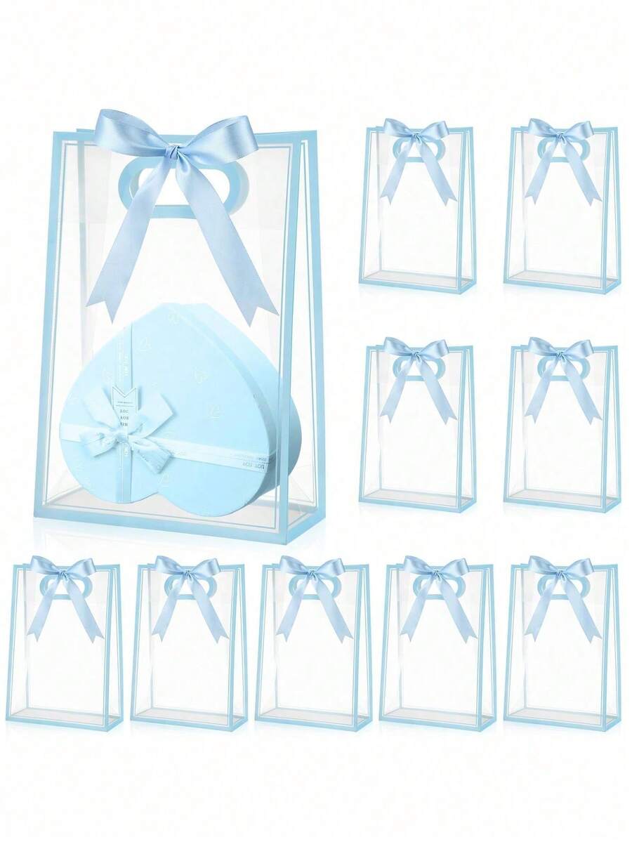 10 Reusable Transparent Plastic Gift Bags PP Material With Ribbons For Wedding Birthday Party Baby Shower Small Business Packaging Must Have Supply - Baby Blue - View 1