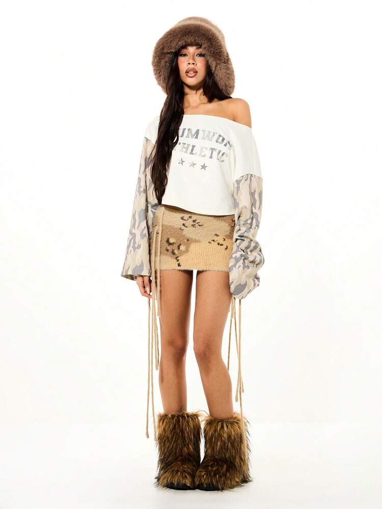 SUMWON WOMEN Fuzzy Knit Mini Skirt With Tie Detail