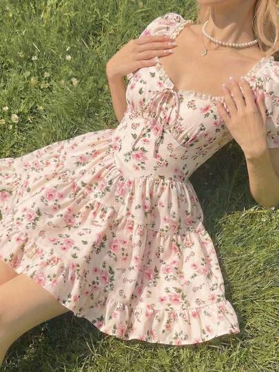 SHEIN MOD Vestido mini de manga abullonada con estampado floral ditsy de verano informal