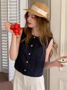 DAZY Teen Girl Summer Casual Daily Front Button Dual Pocket Sleeveless Jacket