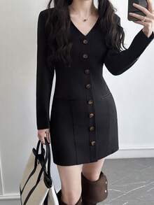 DAZY Women's Fashionable Solid Color V-Neck Single-Breasted Mid-Length Dress Sundress - Black - View 2