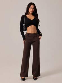 SHEIN PETITE 女士时尚休闲复古口袋喇叭裤,复古风,商务休闲女装,外出穿搭,返校季,巧克力色喇叭裤,休闲裤,复古裤,秋季 - 棕色 - 查看 11