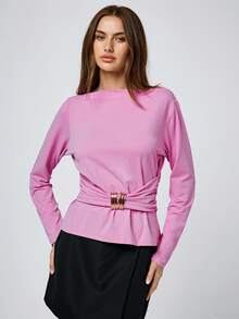 Maija Fitted Crew Neck Long Sleeve Light Pink Women Knit Top, Suitable For Early Spring Transition, Fitted & Slimming Women T-Shirt, Pink Top , Summer Holiday Outfits, Summer Tops , Spring Break Outfits , Bat Sleeve Design - Baby Pink - View 1